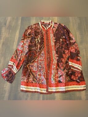 NWOT Johnny Was 100% Silk Patchwork Pintuck Pleated Button Down Tunic Blouse